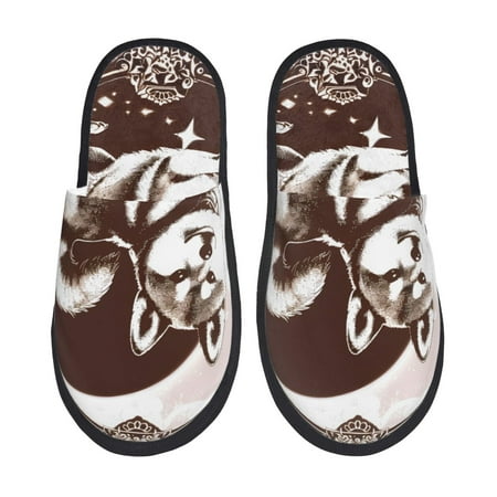 Balery Vintage Husky Dog Slient Indoor Furry Fleece Comfort House Shoes Soft Non-Slip Home Shoes Cotton slippers House Slippers-- Medium