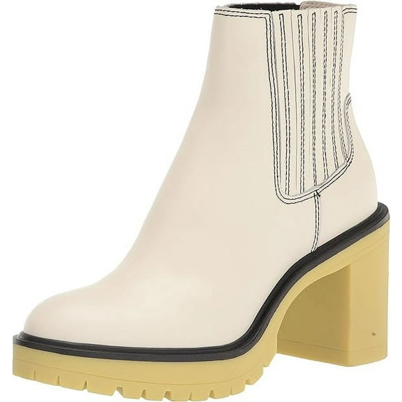 Dolce Vita Caster H2O White/Green Leather Pull On Block Heel Fashion Ankle Boots (8, White/Green Leather)
