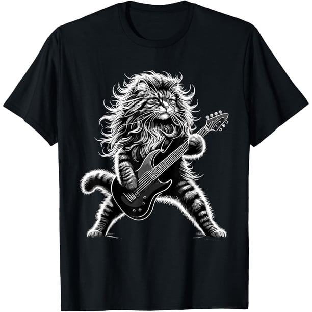 Rock and Roll Cat Playing Guitar - Camiseta 100% algodón con estampado de gatos, unisex para hombre y mujer