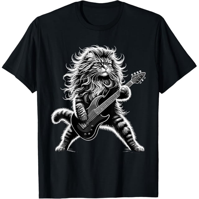 Rock and Roll Cat Playing Guitar - Camiseta 100% algodón con estampado de gatos, unisex para hombre y mujer