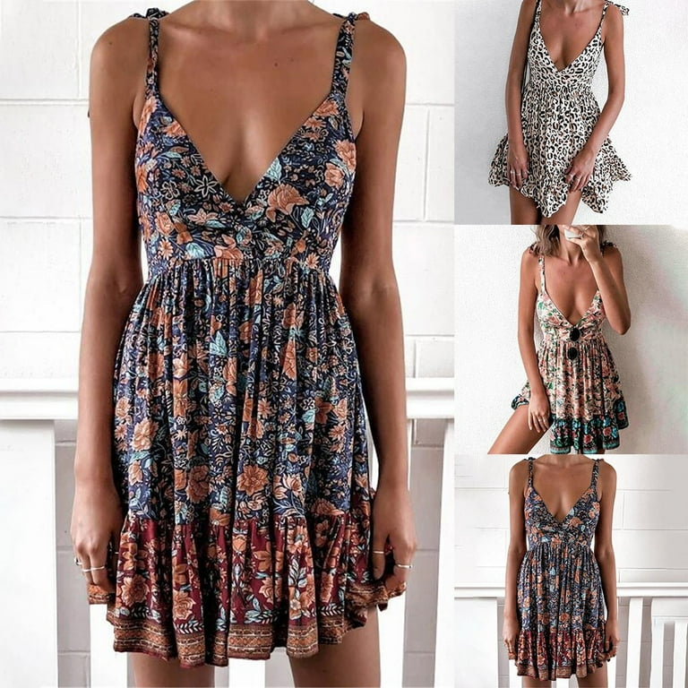 Plus Size Womens Floral V-Neck Sundress Ladies Boho Strappy shops Mini