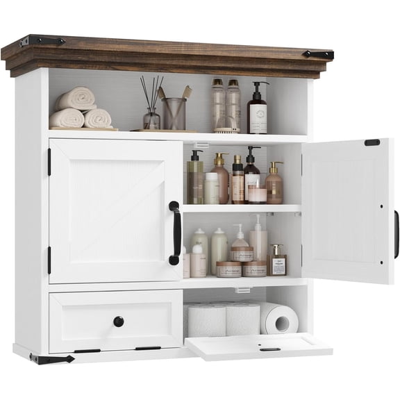 Hanyu Bathroom Wall Cabinet, Farmhouse Medicine Cabinet with Door, 8.9"D x 25.6"W x 24.8"H, Wall Mounted Bathroom Cabinet with Adjustable Shelf, Wall Storage Cabinet for Laundry Room & Kitchen(White)