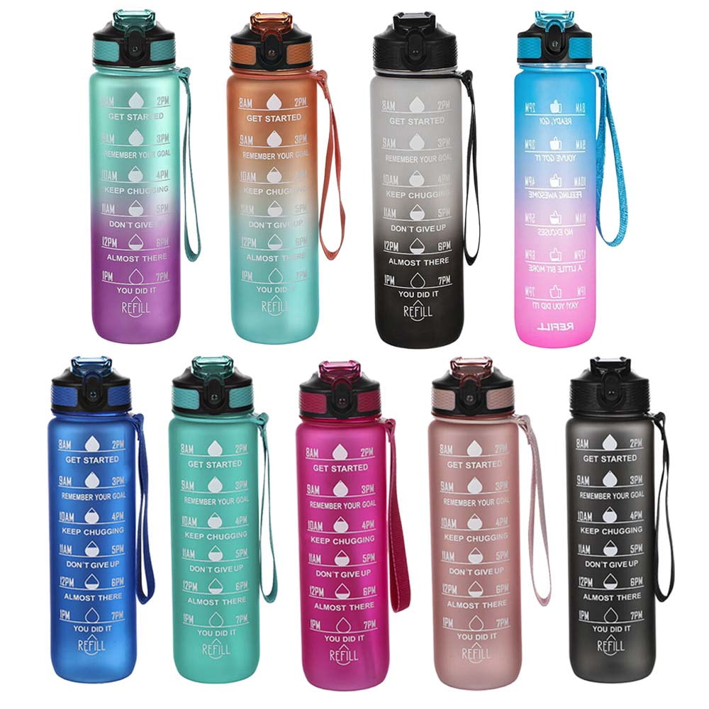 BAKER DEPOT 32oz Water Bottle BPA Free Leakproof with Silicone Straw & Time Marker Black