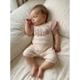 thumbnail image 4 of BemeyourBBs Baby Girl God Is Good All the Time Outfit Newborn Baby Girl Spring Summer Fall Christening Clothes Waffled Romper Ruffle Sleeve Letters and Floral Embroidery One Pieces Jumpsuit, 4 of 9