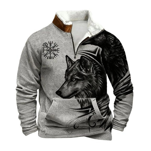 Mens Christmas Sweatshirt Lion Twist Print Pullover Sweatshirts Long Sleeve Top Stand Collar Button Up Plaid Stripes Pullover Light Gray L