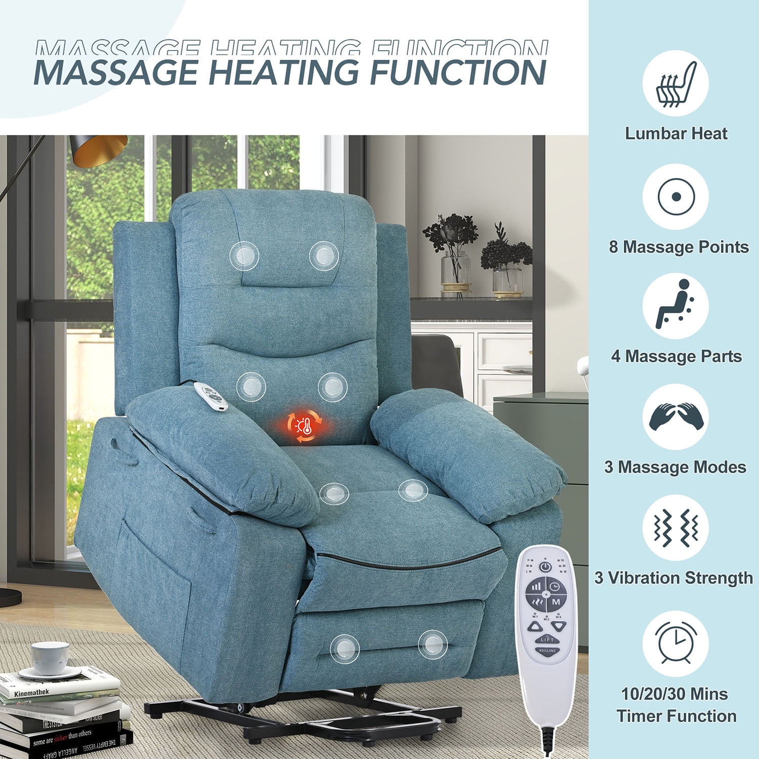 Kepooman Massage Recliner, Power Lift Chair for Elderly with Adjustable Massage and Heating Function, Recliner Chair with Infinite Position and Side Pocket, Blue Kepooman Massage Recliner, Power Lift Chair for Elderly with Adjustable Massage and Heating Function, Recliner Chair with Infinite Position and Side Pocket, Blue