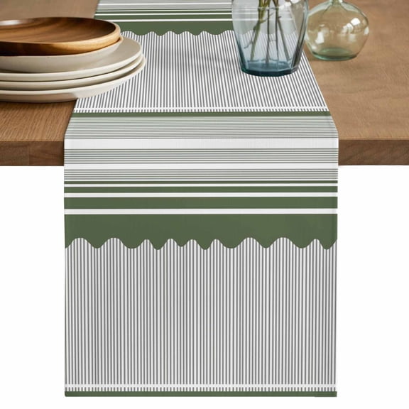 Dark Green Striped Cotton Linen Table Runner for Dining Kitchen, Abstract Modern Geometric Stripes Wedding Outdoor Party Tablerunners Decoration, Dresser Scarf Coffee Tablecloth Runners 13x60 Inches