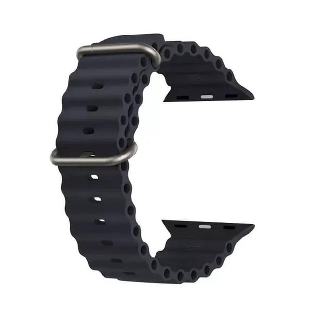 correa para apple watch silicon oceano series se/6/7/8/ultra negro Correa negra de TPU compatible con SE/6/7/8/Ultra, vista 3/4 frontal con perforaciones redondas a lo largo del cuerpo y dos bucles metálicos de hebilla de acero; adaptadores integrados para la caja del reloj, diseño delgado y liviano, adecuada también para uso deportivo y diario.