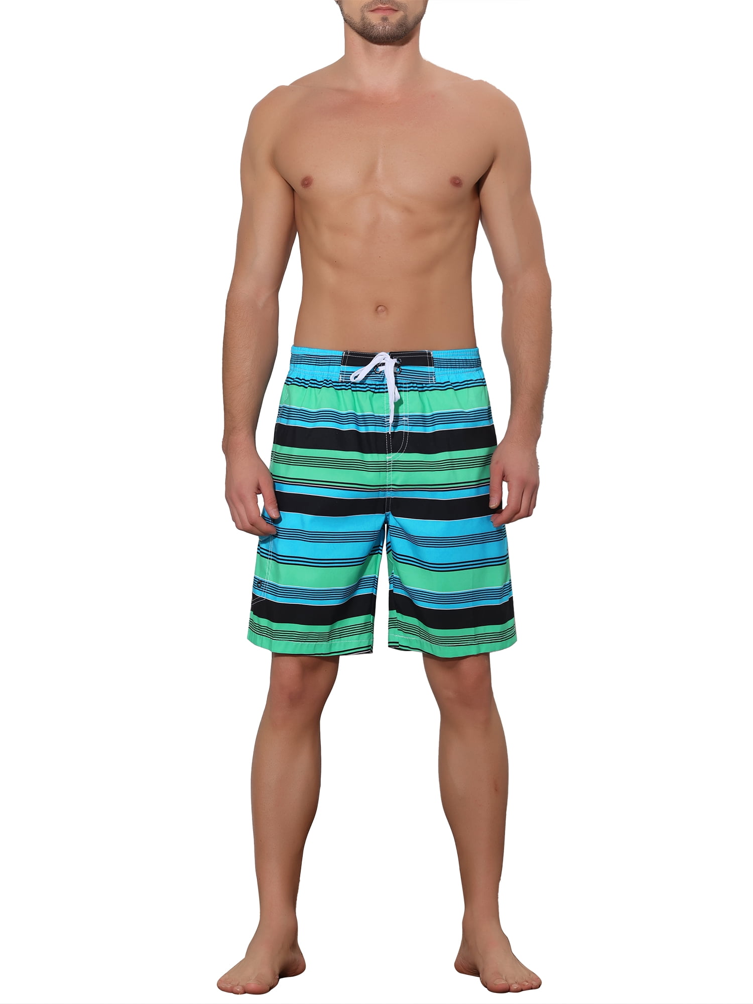 Unique Bargains Men's Drawstring Stripes Printed Color Block Beach Pool Board Shorts 36 Green