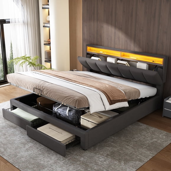 MODERNLUXE Queen Size Lift Up Storage Bed Frame with LED Lights,Upholstered Hydraulic Platform Bed with 2 Drawers & Hidden Storage Headboard,No Box Spring Needed,Grey