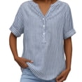 thumbnail image 5 of CQONEPT Plus Size Linen Shirts for Women Cotton Striped Henley Neck Button Up Tops Summer Short Sleeve Loose Fit Tunic Blouse Tops Sky Blue XL, 5 of 7