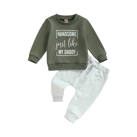 

Qtinghua Infant Toddler Baby Boys Fall Clothes Long Sleeve Letter Print Sweatshirt with Elastic Waist Sweatpants Set Army Green 12-18 Months