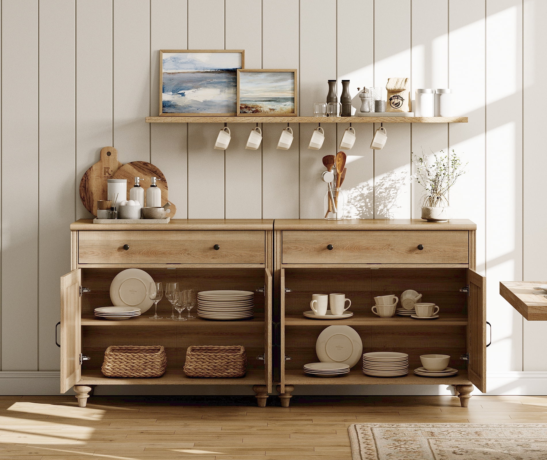 Credenzas & Sideboards with 4 Doors and 2 Drawers, Large Buffet Cabinet Wood Kitchen Storage Cabinets, Modern Farmhouse Sideboard Credenza for Dining Room, Oak, 68 inch