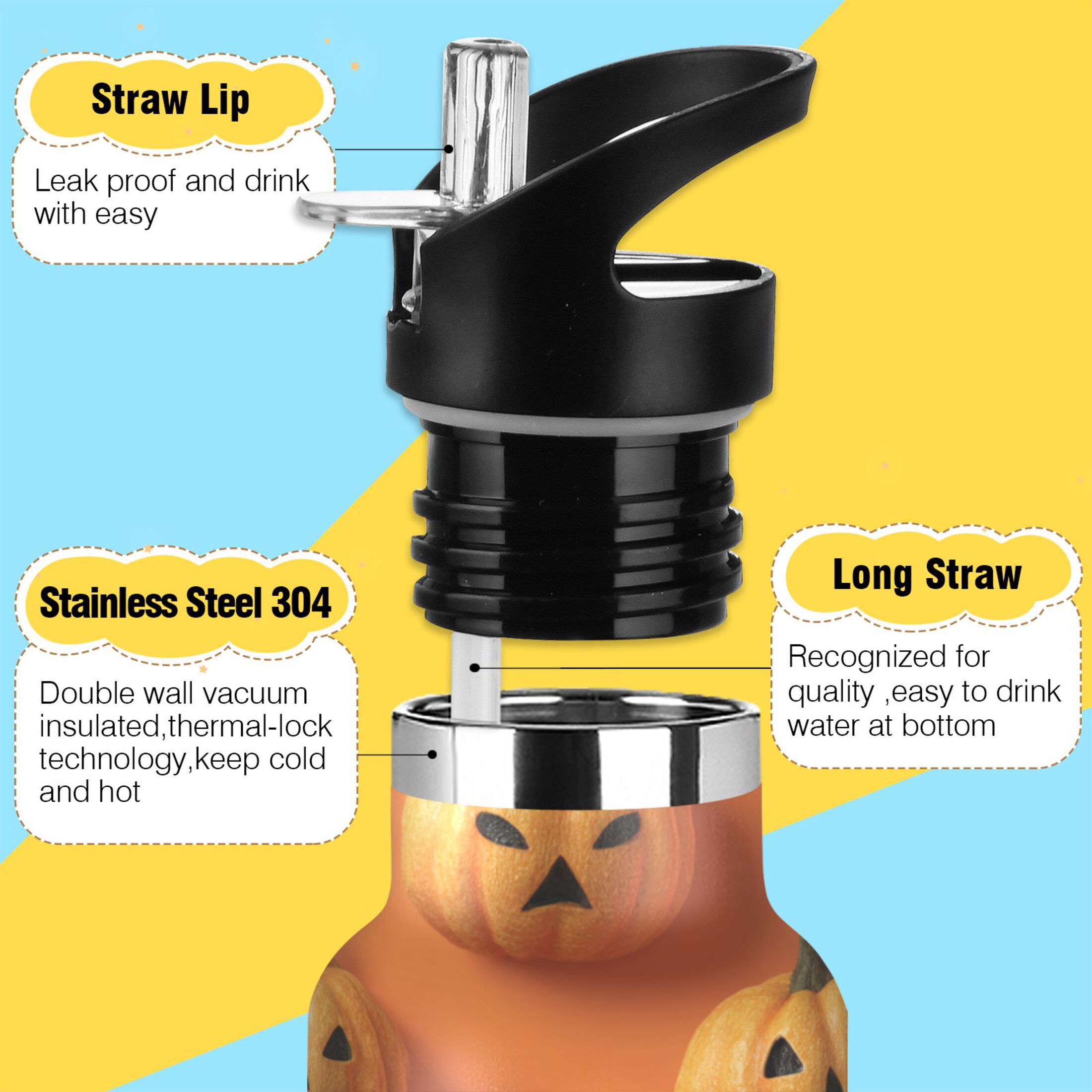 Kids Insulated Stainless Steel Sports Water Bottle 600ml (20oz) 3d Pumpkin