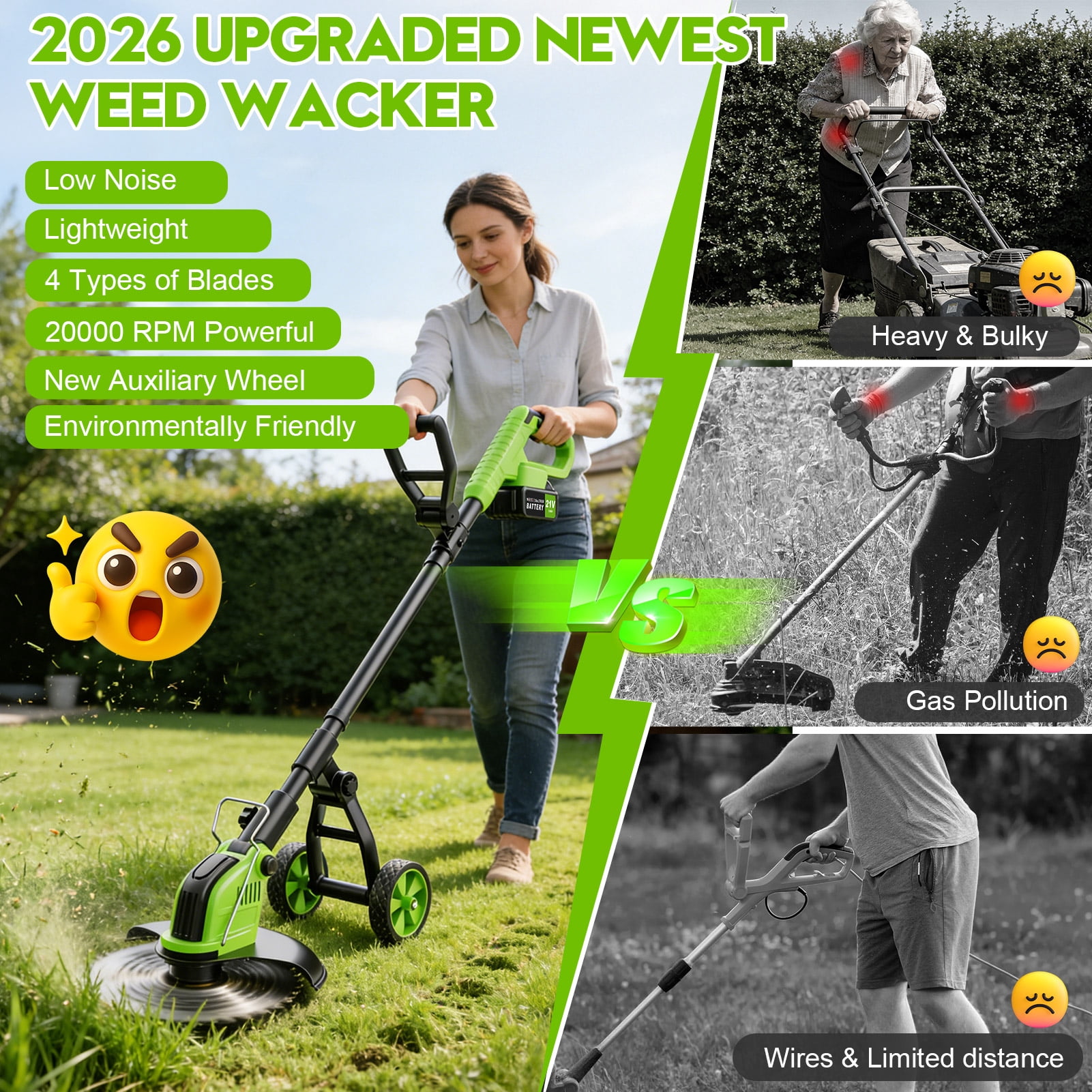 Fovendi Electric Weed Eater Battery Powered,12″Weed Wacker, 4 in 1 Grass Trimmer/Brush Cutter/Grass Edger/Weed Trimmer