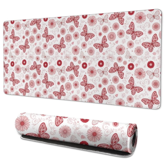 35.4x15.7 Inch Gaming Mouse Pad, Non-Slip Stitched Rubber Desk Mat for Desktop & Laptop,Butterfly Floral Red White Pattern