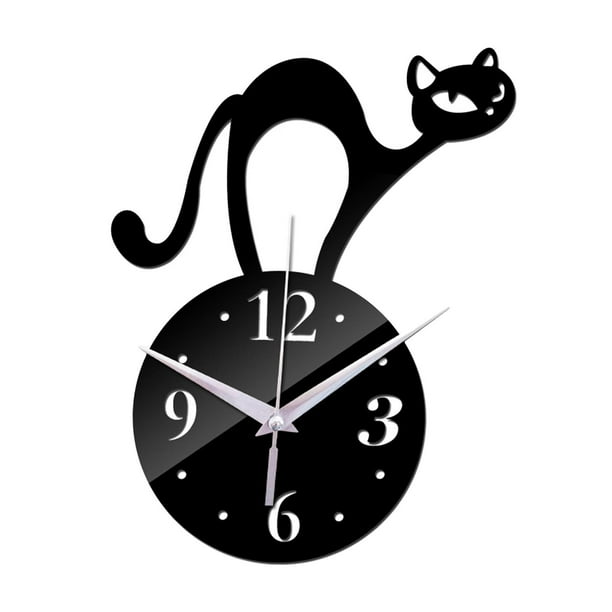 relojes de pared de gato, espejo acrílico, relojes de fáciles de leer, sin silencioso, DIY para decoración del hogar, cocina, Negro Sunnimix reloj decorativo