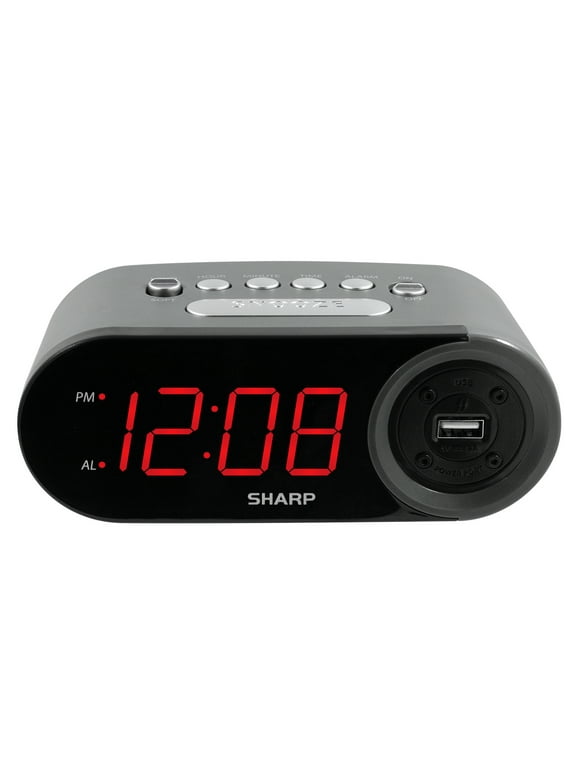 SHARP Digital Alarm Clock, 2 AMP USB FAST Charge Port, Black and Gunmetal with Red LED Display