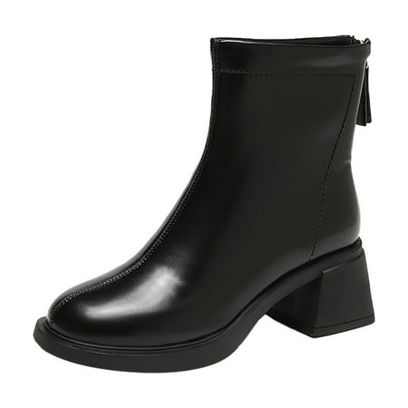 

OJSFQUFP Ankle Boots for Women Fashion Women Artificial Leather Autumn Thick Sole Square Heels Zipper Short Booties Round Toe Shoes Dress Boots for Women Low Heel Black 38