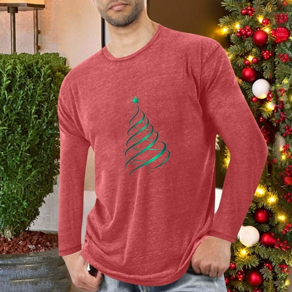 PiGOGI Men's Long Sleeve Pajama Shirt Sports Fitness Home Christmas Printed Round Neck Comfortable Red XL