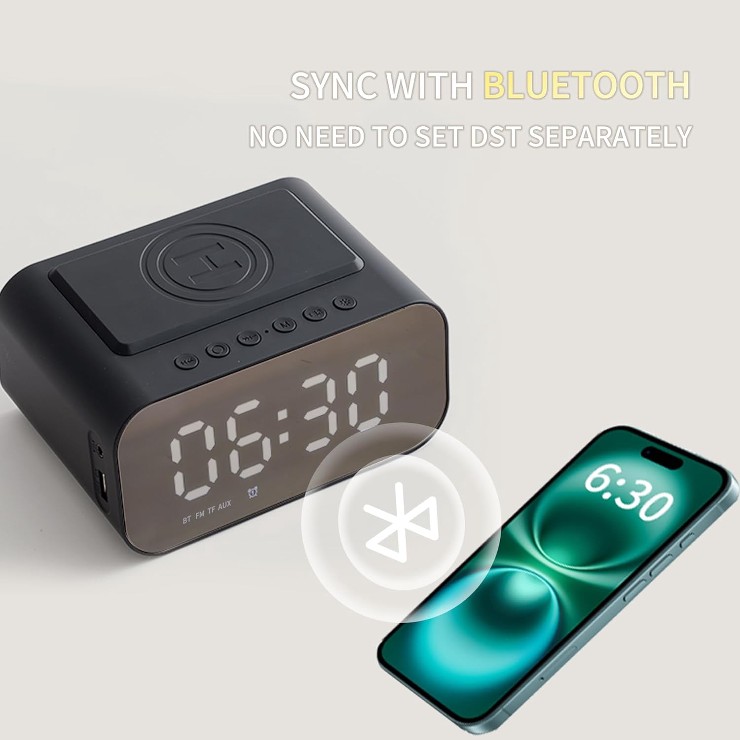 Bluetooth Digital Alarm Clock for Bedroom, Loud Alarm Clock, Wireless Speaker, USB AUX Charger, Hands-Free Calling Function, Dual Alarm, 24 Adjustable Brightness