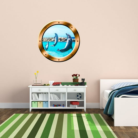 VWAQ Dolphin Porthole Porpoise Wall Decal 3D Wall Sticker Peel And Stick Decor - BP26 (14" Diameter)