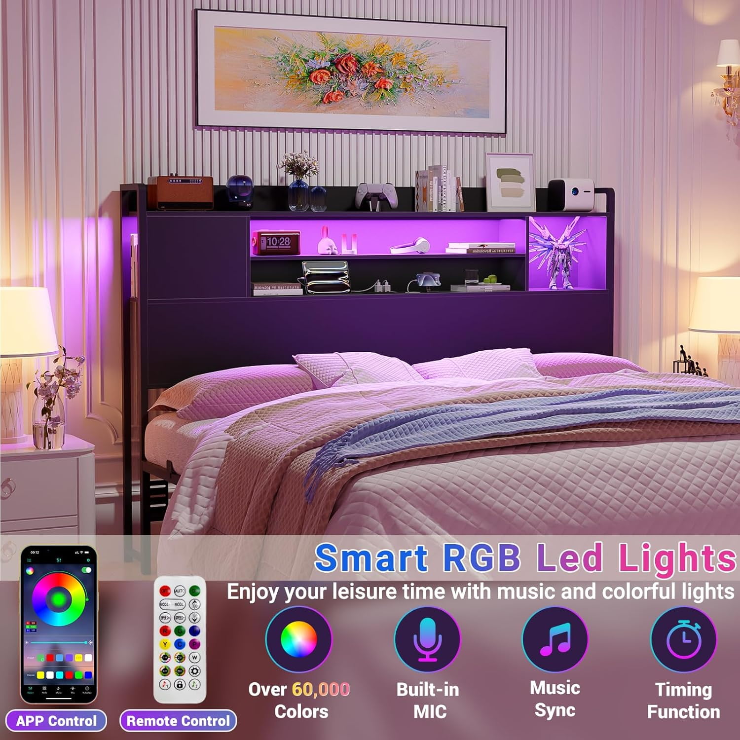 Homieasy Headboard for Full Size Bed, Bookcase Style Head Board with Power Outlet and RGB LED Light, Reversible Headboard with Storage, Height Adjustable, Sturdy and Stable, Black