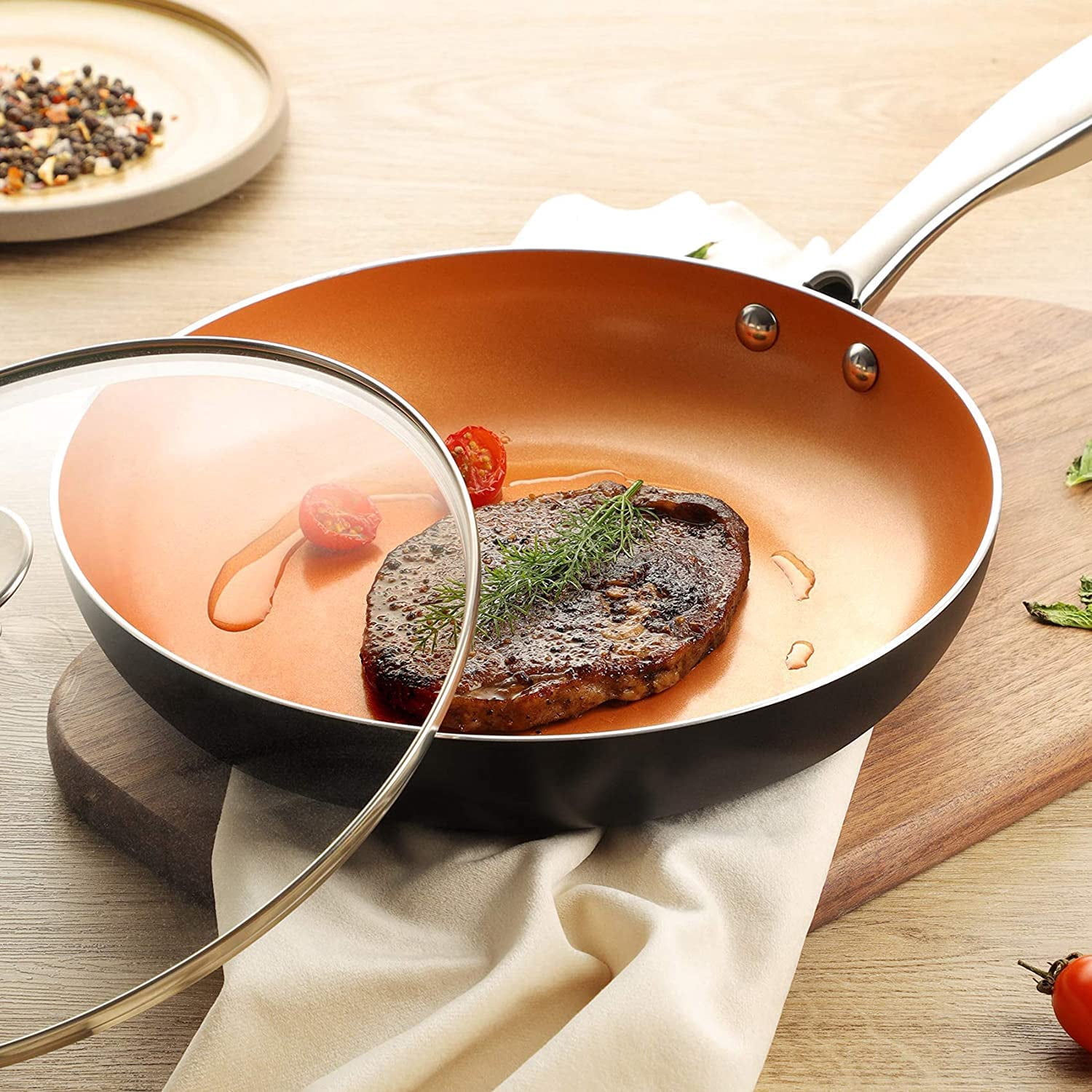 MICHELANGELO Nonstick Frying Pan with Lid, Copper 8inch