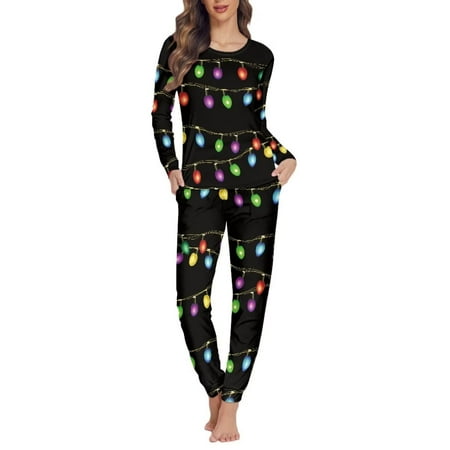 

NETILGEN 2 Pieces Christmas Lights Print Indoor Casual Women Nightwear Cottton Lightweight Thermal Pajamas for Women Set Pants Multi-Season Sleepwear Sets for Women