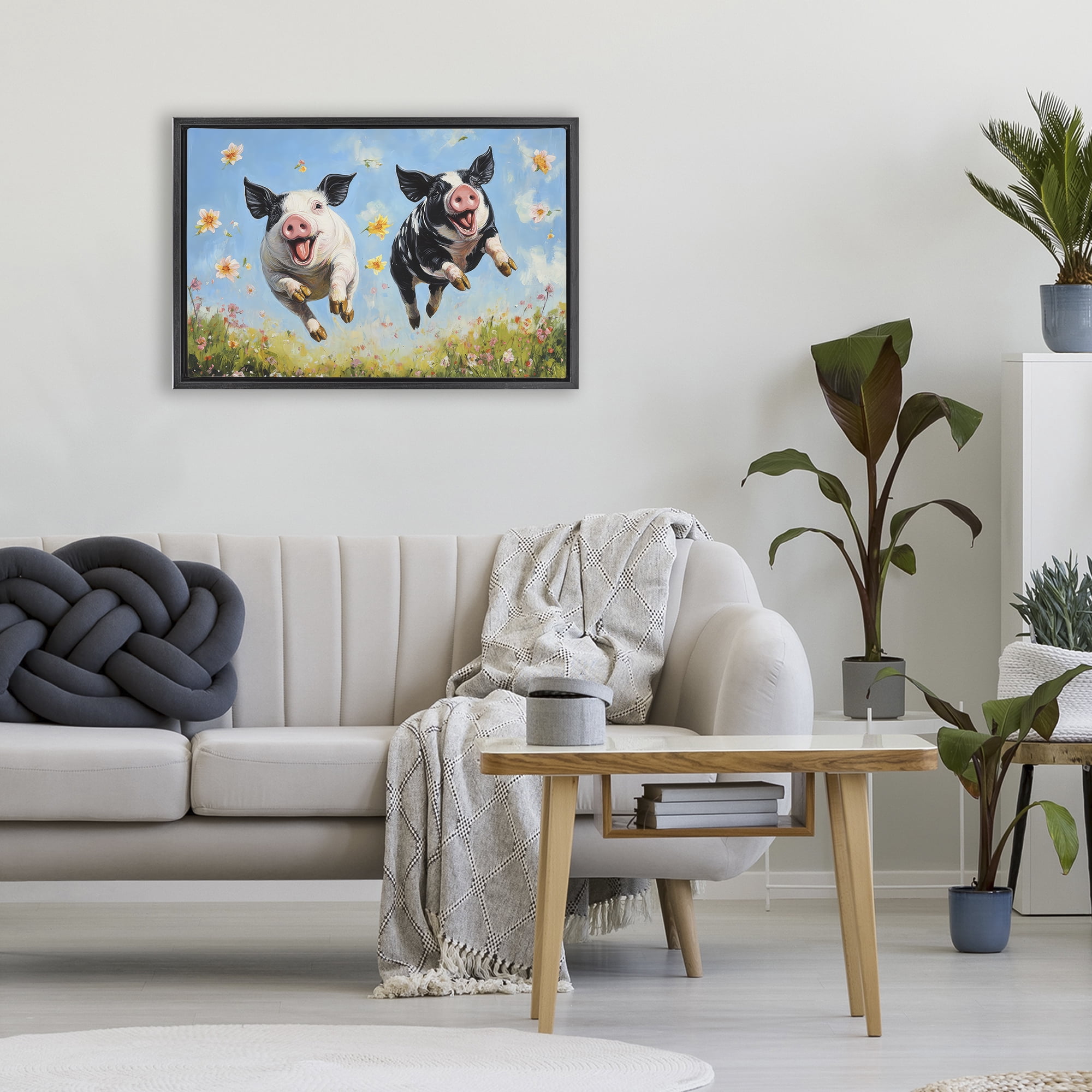 Stupell Industries Flying Pigs & Flowers Black Framed Floater Canvas Wall Art, design by The Wands Want