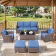 thumbnail image 2 of POCASSY 6PCS Outdoor Furniture Set with Outdoor Sofa, Outdoor Wicker Accent Chair, Ottoman and Coffee Table, All Weather Brown Wicker Outdoor Conversation Set for Porch, Balcony, Garden - Brown/Blue, 2 of 15