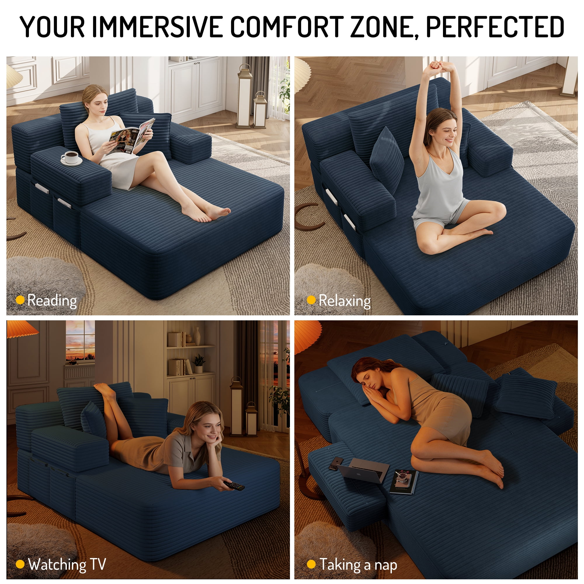 Anpport 60.2" Plush Corduroy Chaise Lounge, Frameless Convertible Sleeper Sofa Bed with Storage Pockets, 3 Soft Pillows, No Assembly, Blue