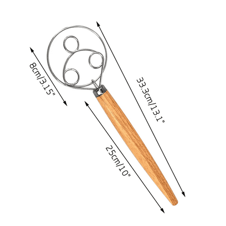 Heavy Duty Danish Dough Whisk with Wooden Handle 13" Stainless Steel Dutch Whisk for Mixing Batter, Bread, Cookies, Cake, Pastry and Sourdough Baking