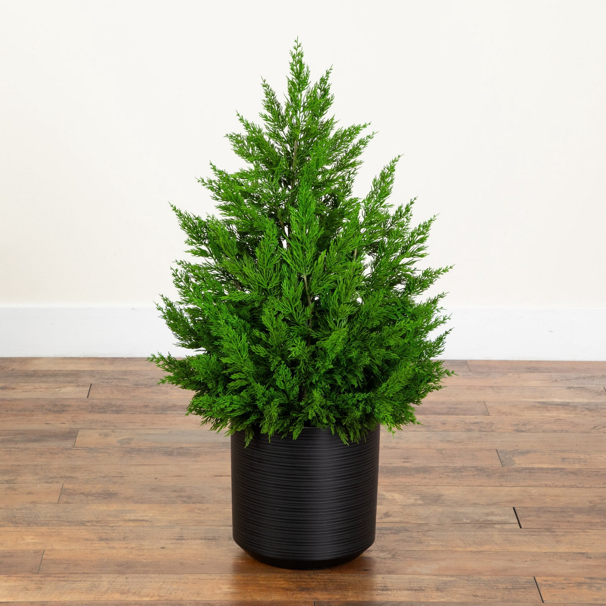 3ft. Artificial Real Touch Winter Cypress Bush in Black Decorative Planter