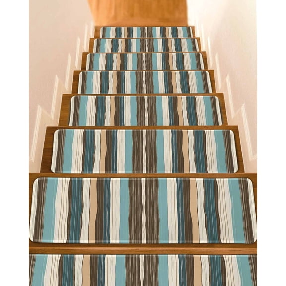 Bohemian Vertical Stripes Stair Treads Non Slip for Steps Green Beige Simple Lines 10 Pcs Reusable Adhesive Stair Runner Mats for Dogs Elders Carpet Treads Rugs for Staircase 8x30 In