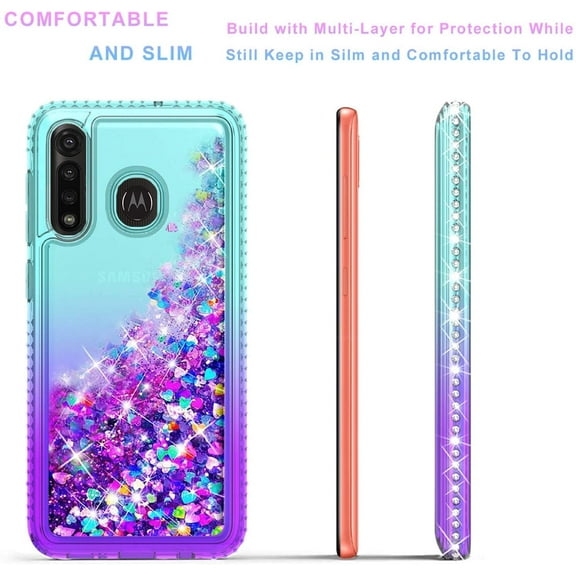 Motorola Moto E7 Power Case, Liquid Floating Glitter Quicksand Bling with Spot Diamond Cover - Teal/Purple