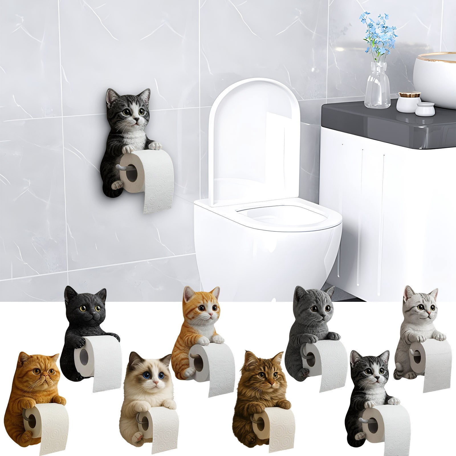 Cute Cats Paper Holders-Wall Mount,Decorative Cat Toilet Paper Holder,Multiple Colors, White And Cream, Wall Mount Bathroom Tissue Dispenser With Ragdoll Design,The Best Gift For Cat Lovers