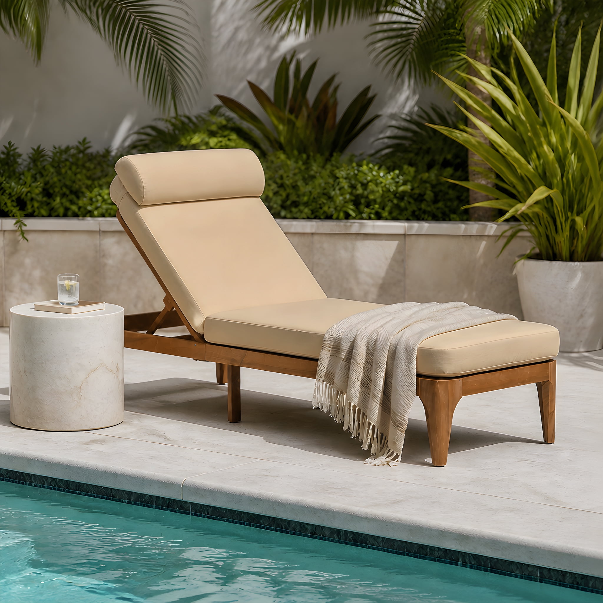 Mintazer Outdoor Chaise Lounge Chair with Removable Cushion & Head Pillow, Patio Recliner with 4 Gear Adjustable Recliner & Anti-Slip Feet for Poolside Backyard, Natural & Brown