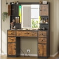 thumbnail image 3 of Vanity Desk with Mirror and Lights,Makeup Vanity with Lights & Charging Station,Vanity Table with Time Temperature Display Mirror,Storage Cabinets, Rustic Brown, 3 of 8