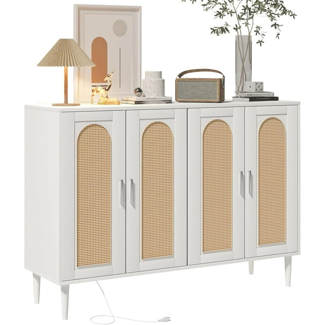 47.4" Rattan Sideboard Buffet Cabinet with 4 Doors, Farmhouse Sideboard Buffet Cabinet with Adjustable Shelf Credenzas for Kitchen Living Room Hallway, White