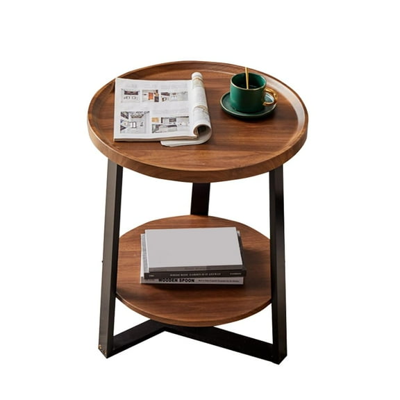 Round End Table, 2-Tier Side Table with Wood Tabletop & Metal Frame for Living Room, Bedroom