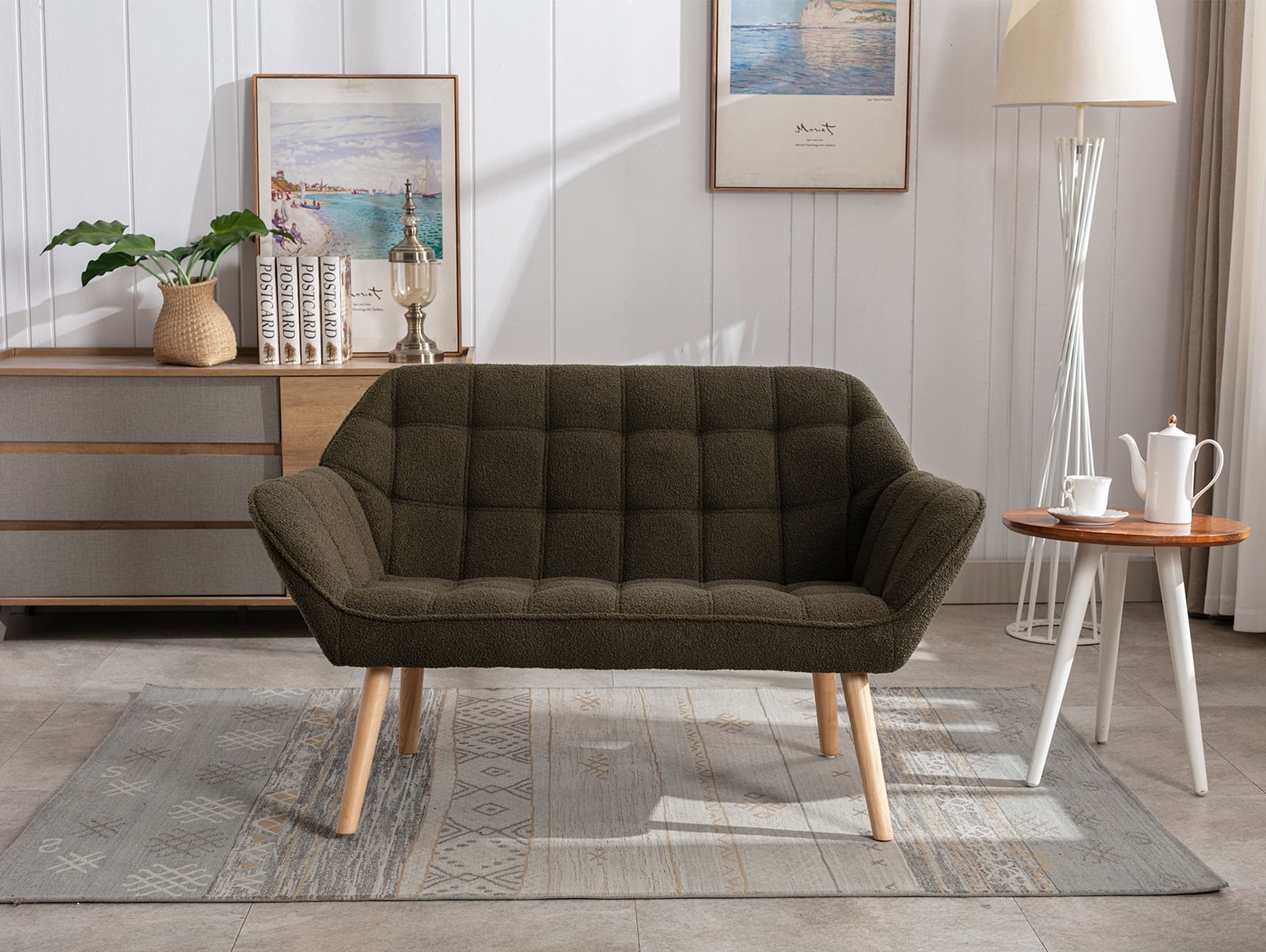 Guyou Small Loveseat Sofa, Modern Sherpa 2-Seater Mini Sofa Couch with Quilted Back and Armrests, Cute Accent Chair with Wooden Legs for Living Room Bedroom Apartment, Green