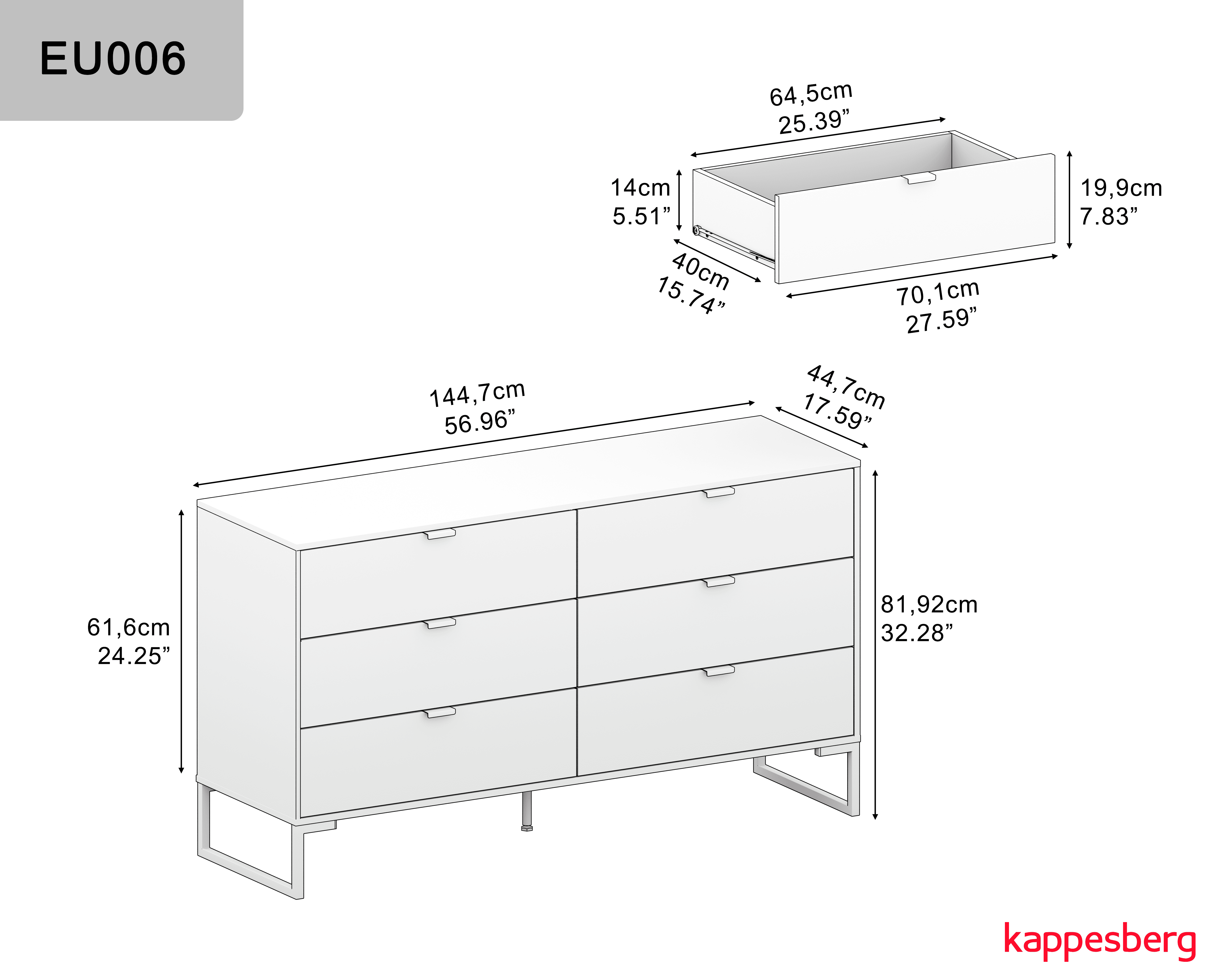 Kappesberg Amelia 3-Piece White Bedroom Furniture Set with Vertical Dresser, Nightstand, and 6-Drawer Dresser - for Adults and Teens