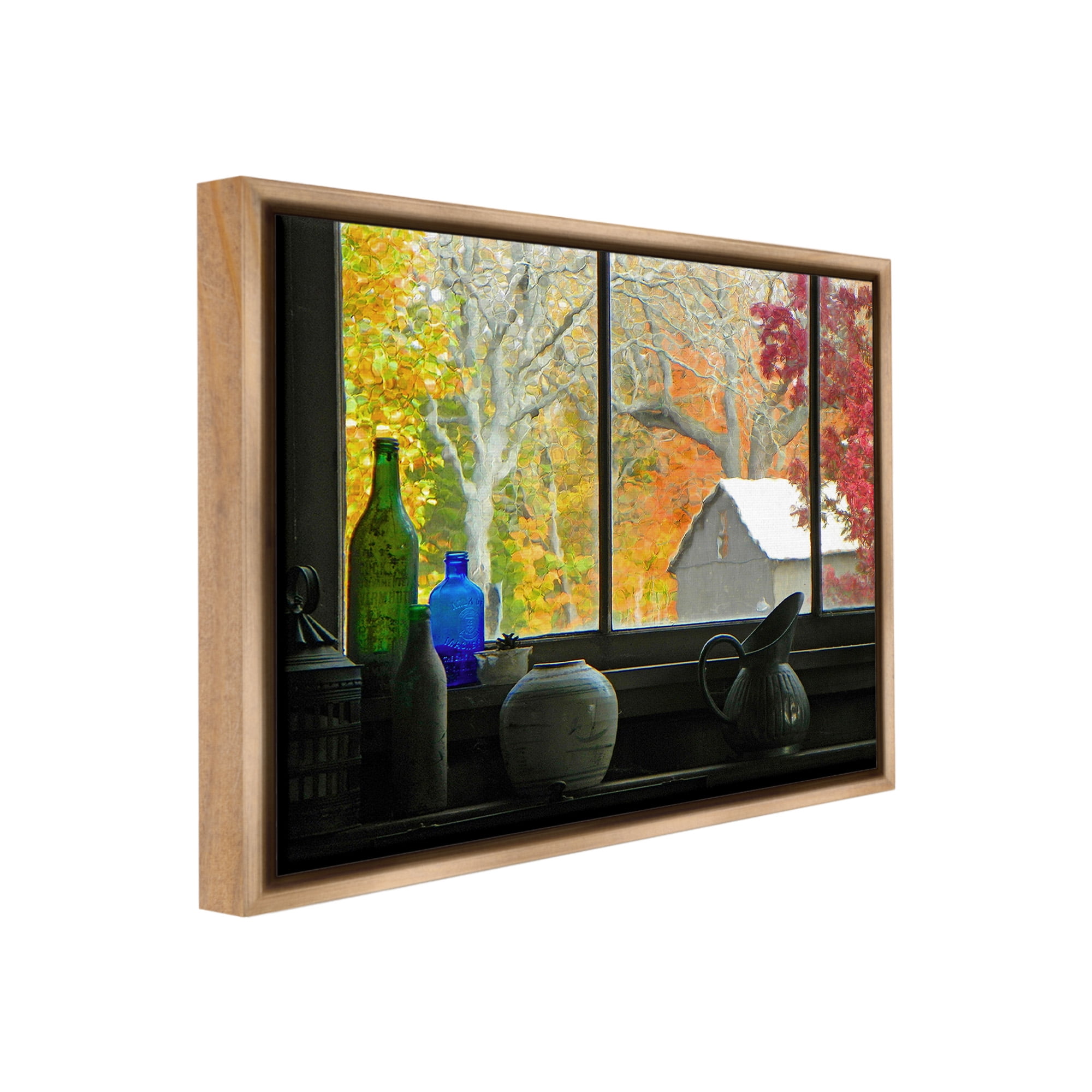Stupell Industries Fall Foliage in Window Landscape Photography Brown Floater Framed Canvas Art Print Wall Art, 31 x 25