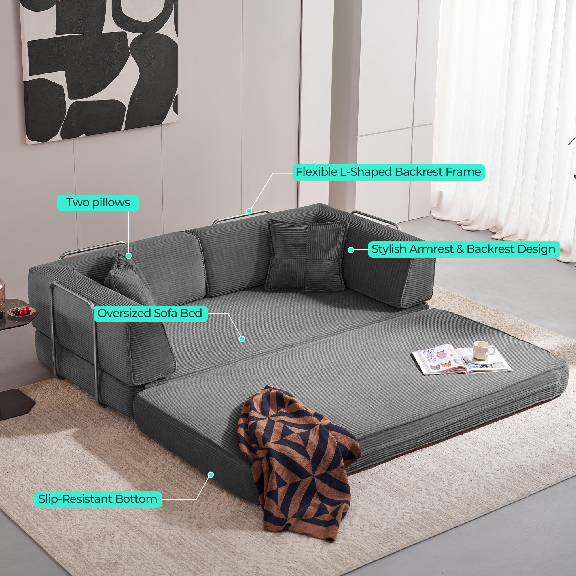 Linsy Home Oversized Corduroy Futon Sofa Bed Couch, Convertible Boneless Cloud Couch Bed, King Size Sleeper Sofa Bed With Fixed-Shape Frame, No Assembly Required, Dark Grey
