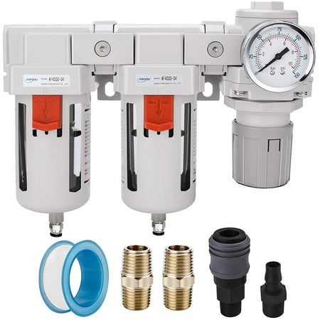 NANPU DFR-04 1/2" NPT Air Drying System - Double Air Filters, Air Pressure Regulator Combo - Semi-Auto Drain, Poly Bowl