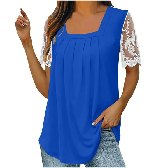 Lolmot Womens Tops Sexy Square Neck Lace Mesh Patchwork Classic Solid Color T-Shirt Lace Short Sleeve Loose Fitted Summer Pullover Tees Blouse