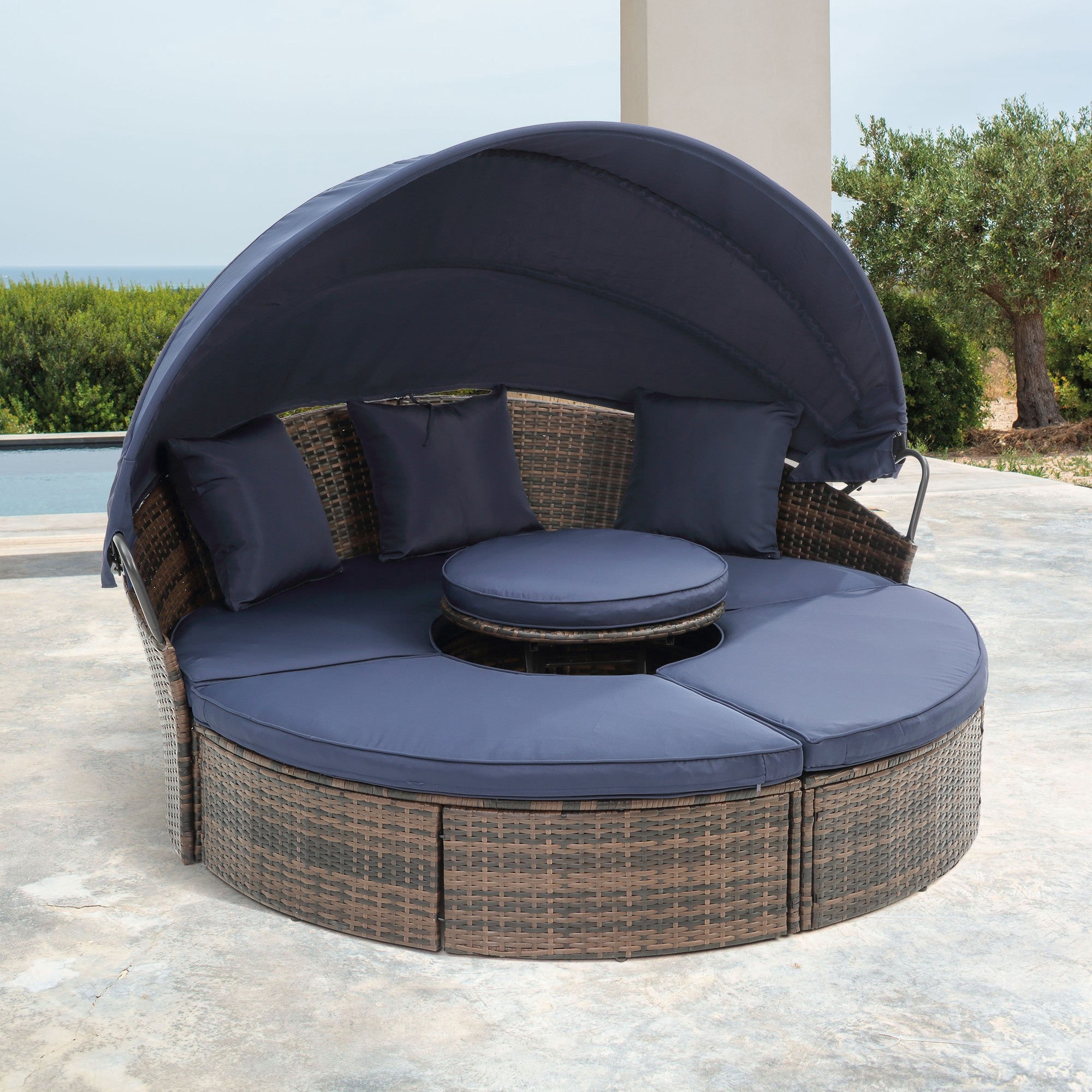 Sailvan Outdoor Sofa Bed Wicker Round Daybed with Retractable Canopy and Lift Coffee Table for Patio Poolside Navy Blue