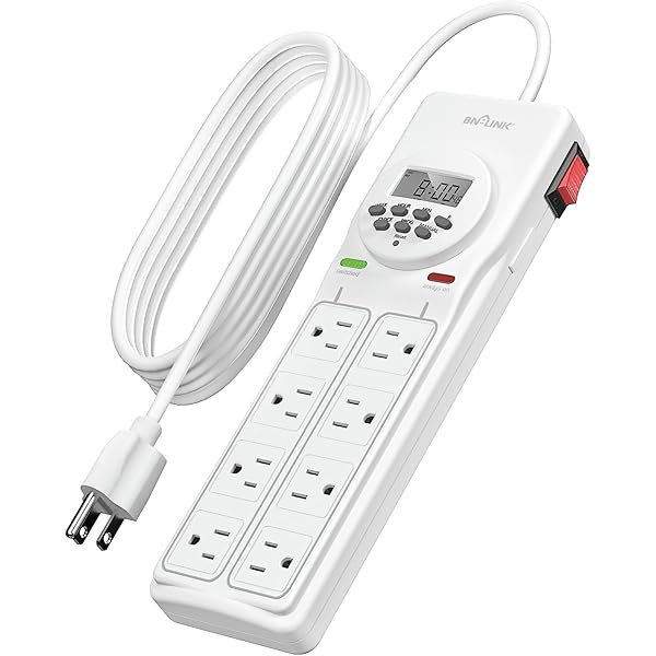 Protector contra sobretensiones BN-LINK de 8 tomas con temporizador digital de 7 días (4 tomas temporizadas, 4 siempre activas) - Blanco
