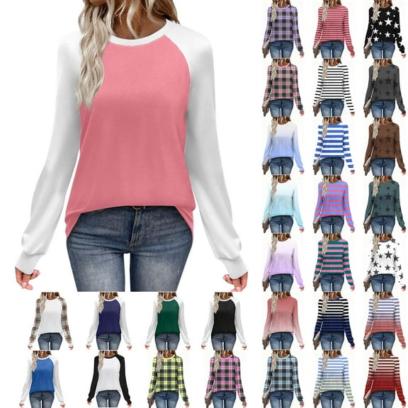 Xuniizn Long Sleeve Shirts for Women, Oversized Casual Plaid Crewneck Color Block Tops, Lightweight Soft Comfortable Versatile Blouses Tops